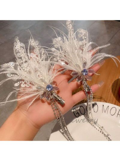 2pcs/set Bridal Wedding White Swan Feather Ballet Princess Hair Clip, Side Clip For Bridesmaid