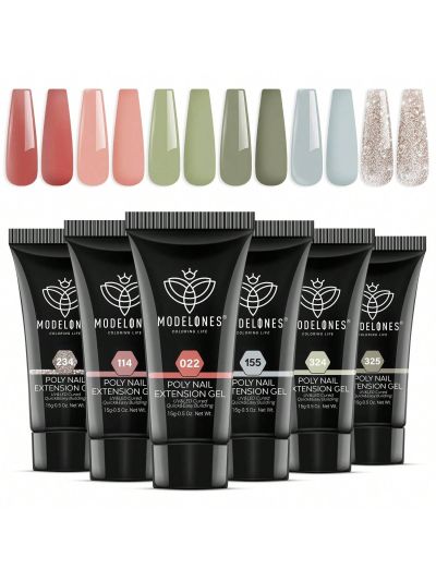 Modelones 6 Colors Poly Nail Gel Set, 2023 Summer Sunny Poly Nail Extension Gel Colors Tubes Kit Glitter Pastel Nude Coral Green Light Blue Neutral Collection All Seasons Professional Manicure Salon at Home