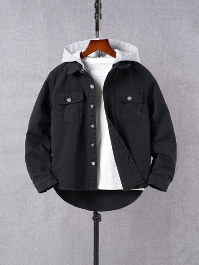 Boys' College Style Personalized Patchwork Knitted Hat, Loose & Comfortable Denim Jacket For Street Fashion