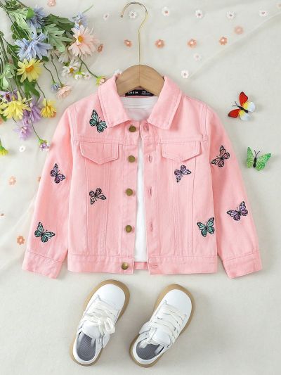 Girls' (Little) Butterfly Embroidery Long Sleeve Denim Jacket