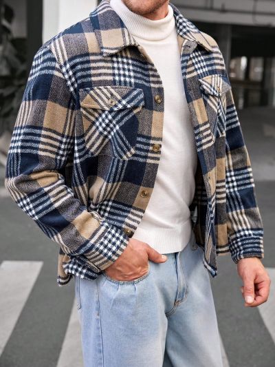 SHEIN Extended Sizes Men's Plus Size Workwear Pocketed Casual Shirt Jacket