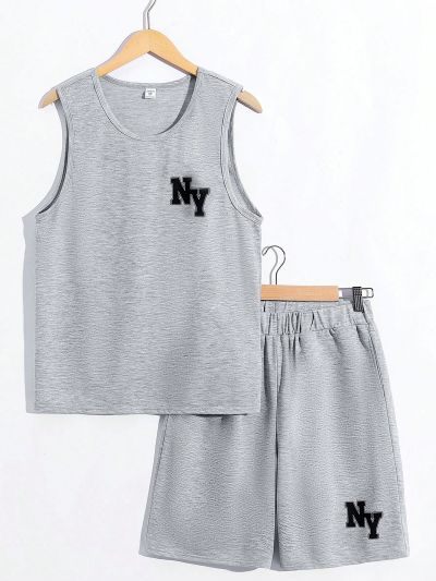 SHEIN Teen Boys' Casual Sets, Solid Color Vest With Letter Pattern And Slanted Pockets Shorts, Summer