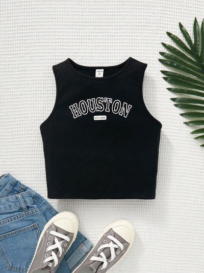 SHEIN Kids EVRYDAY Big Girls' Knitted Solid-color Loose Sleeveless Vest With Letter Pattern