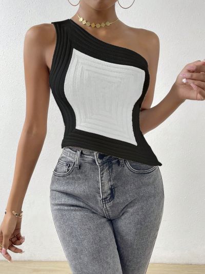 SHEIN BAE Color-Blocked Rib Knitted One Shoulder Top