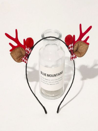 1pc Fashionable Red Plastic Antler Bowknot Pom-pom Headband Hair Clasp Decorated With Christmas Emblem, For Women