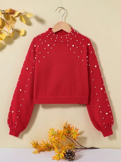 SHEIN Kids FANZEY Tween Girls' Casual Loose Fit Stand Collar Pullover Sweater With Long Sleeves