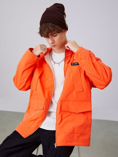 SHEIN Teen Boy Letter Patched Detail Flap Pocket Hooded Coat