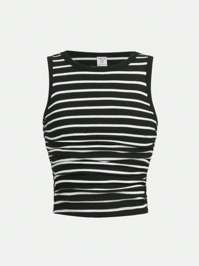 SHEIN Kids SUNSHNE Girls' Knitted Striped Slim Fit Casual Vacation Tank Top