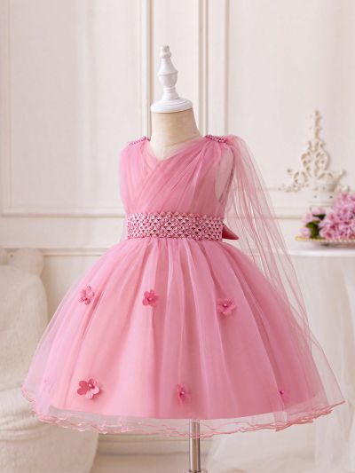 Pink Floral Mesh Young Girls' Princess Dress For Birthday Party, Wedding, Festival And Performance
