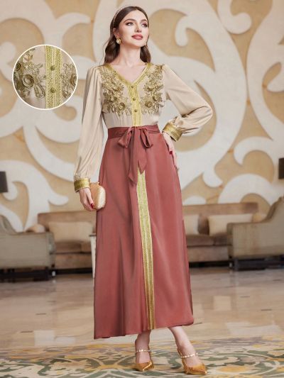 SHEIN Najma Color Block Embroidered Applique V-Neck Long Sleeve Dress
