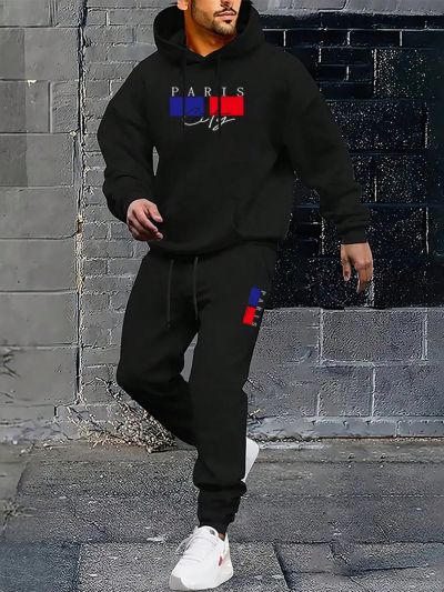 Manfinity Homme Men'S Plus Size Letter Print Drawstring Hoodie And Sweatpants Set