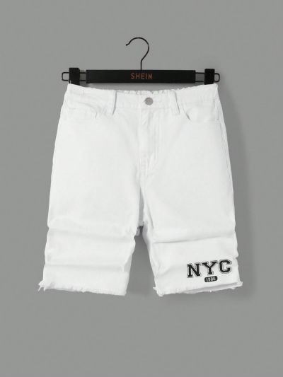 SHEIN Tween Boys' Comfortable Denim Shorts With Letter Print