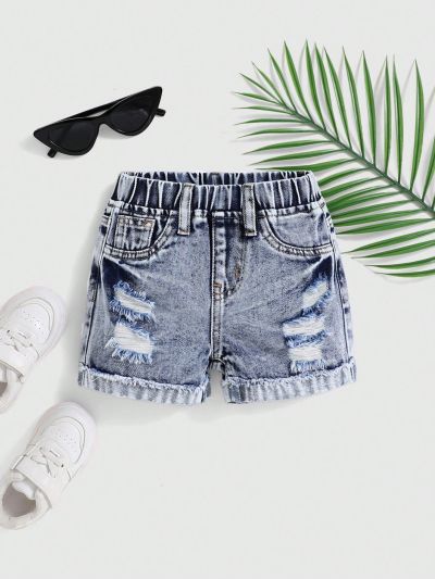 SHEIN Baby Boy's Stonewashed Elastic Waistband Ripped Baggy Casual Denim Jeans Shorts,Baby Boy Spring Summer Clothes Outfits