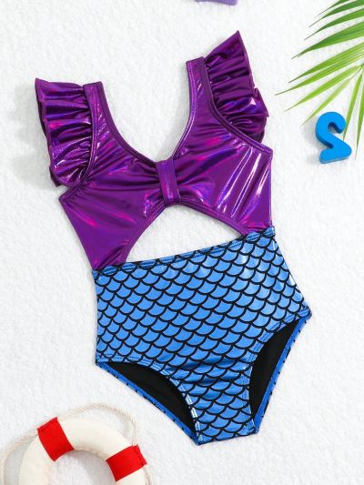 Baby Girl's One-Piece Swimsuit With Color-Blocking Mermaid Scale & Hollow Out Design
