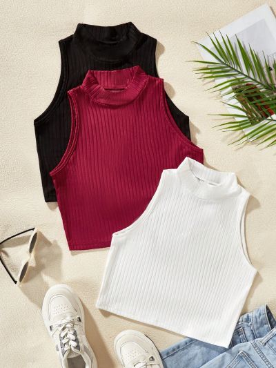 Teenage Girls' Stand Collar Vest Top, 3pcs/set