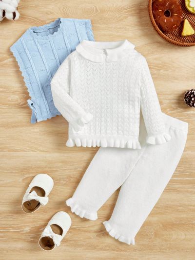 SHEIN Baby Girl's Cute Loose Long-sleeved Doll Collar Sweater, Vest And Knitted Trousers Three-piece Set