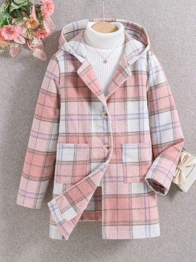 SHEIN Kids FANZEY Tween Girl Plaid Dual Pocket Hooded Overcoat Without Sweater