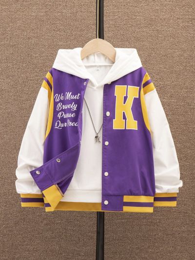 SHEIN Tween Boy Autumn And Winter Street Fashion Contrasting Color Sports Slogan Long-Sleeved Baseball Jacket