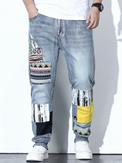 Men Plus Geo Print Cat Whisker Straight Leg Jeans
