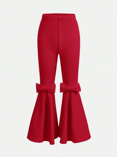 SHEIN Kids FANZEY Tween Girls' Monochrome Skinny Bell-Bottom Pants With Bowknot Detail