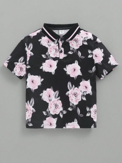 SHEIN Kids SUNSHNE 1pc Young Boy'S Casual Style Comfortable, Stylish, Simple, Versatile, Soft And Flower Printed Short Sleeve Polo Shirt, Suitable For Spring And Summer