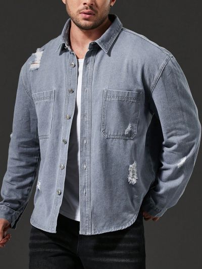 Extended Sizes Men's Plus Size Ripped Denim Shirt