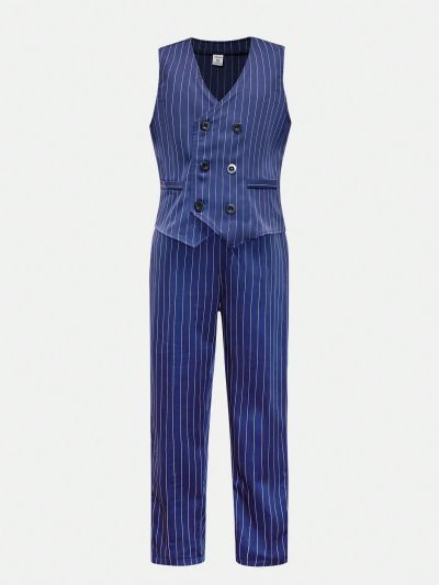 SHEIN Kids FANZEY Tween Boys' Double-Breasted Striped Vest And Suit Pants Gentleman Dress Suit