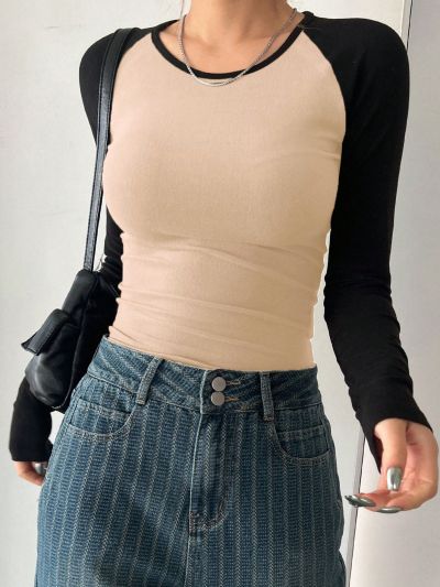 DAZY Leisure Color Blocking Long Sleeve Slim Fit T-Shirt