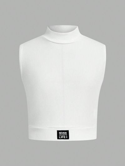 SHEIN Kids Cooltwn Tween Girl's Casual Knit Solid Color Stand Collar Vest Top For Spring/Summer