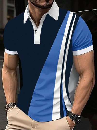 Manfinity Homme Men's Color Block Striped Short Sleeve Polo Shirt