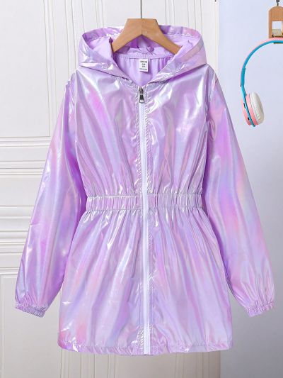 Teenage Girls' Elastic Waist Zipper Front Hooded Jacket