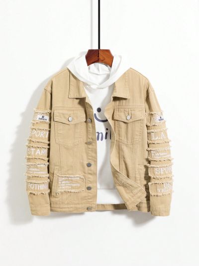 Boys' Letter Print Trimmed Denim Jacket With Slim Fit