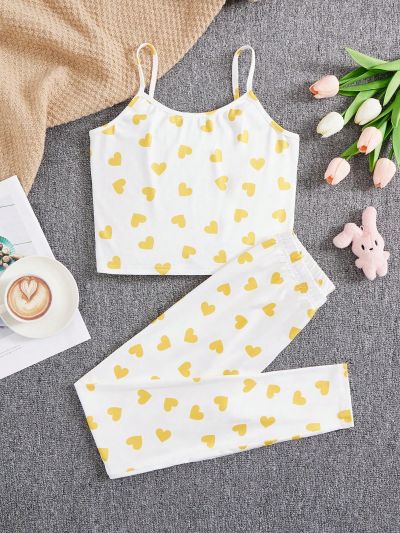 SHEIN Tween Girls' Heart Print Cami & Slim Fit Pants Lounge Wear 2pcs/Set
