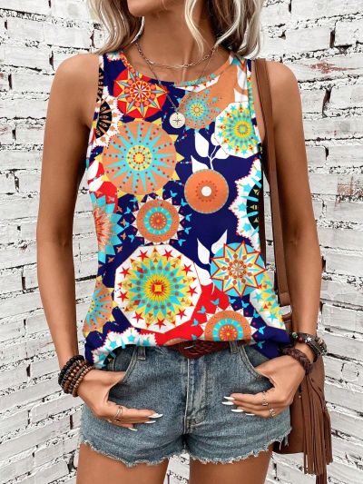 SHEIN LUNE Ladies" Retro Printed Vest Top, Suitable For Summer Vacation