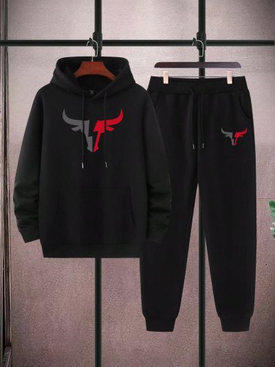 Manfinity LEGND Men's Plus Size Hooded Bull Head Printed Two Piece Set