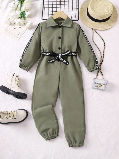 SHEIN Kids Cooltwn Young Girl Contrast Letter Tape Lantern Sleeve Belted Shirt Jumpsuit