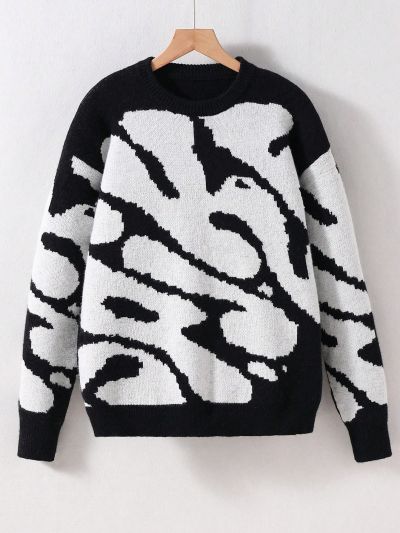 Teen Boys' Contrast Pattern Round Neck Drop Shoulder Sweater