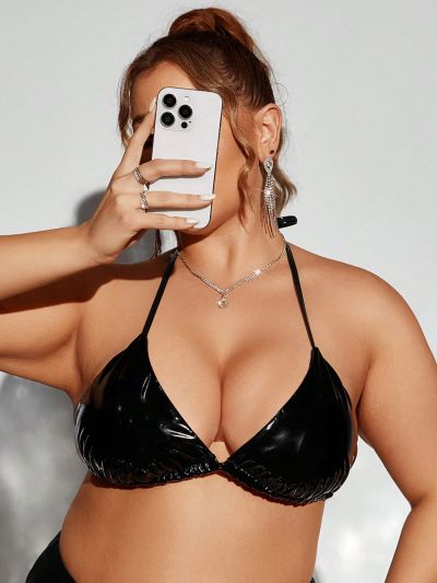 SHEIN Swim SXY Plus Size Pu Halter Neck Bikini Top