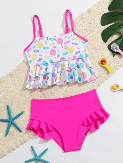 Little Girls' Lollipop Printed Halterneck Tankini Swimsuit