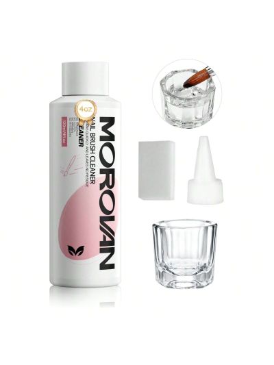 Morovan Nail Brush Cleaner Kit: Nail Art Brush Cleaner 4oz Brush Cleaner Acrylic Nails Solution with Glass Cup Cotton Pad