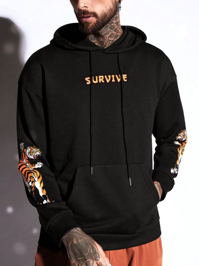 Manfinity Hypemode Loose Men's Hooded Casual Sweatshirt With Tiger & Letter Print And Drawstring