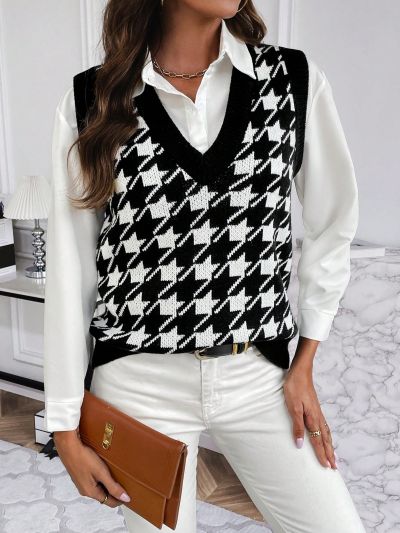 SHEIN LUNE Houndstooth Pattern Sweater Vest Without Blouse