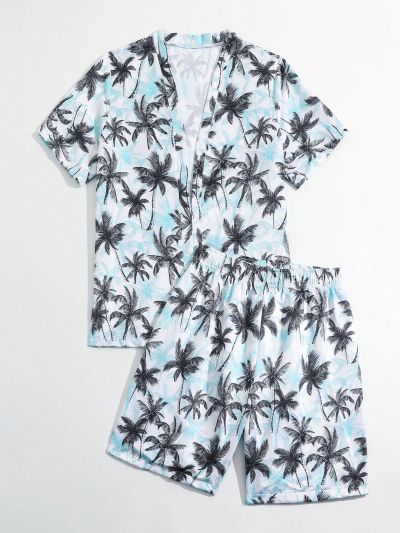 Teenage Boys' Swimming Trunks Set With Plant Pattern Printed Woven Fabric