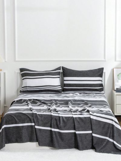 4pcs Bedding Set For Home Use, 4-piece Set (2 Pillowcases, 1 Fitted Sheet, 1 Flat Sheet), Suitable For All Seasons, Black/white Stripe Pattern, Full/queen Size