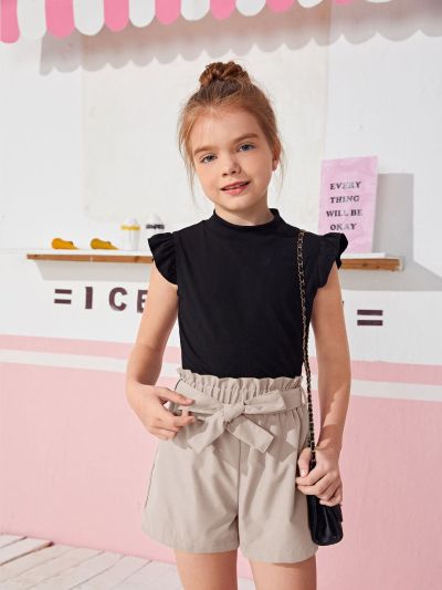 Girls Ruffle Trim Top & Paperbag Waist Belted Shorts