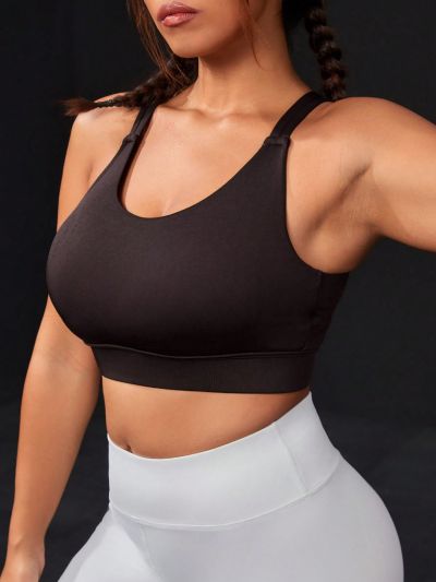 SHEIN Yoga Basic Plus Size Sports Brown Bra With Push-Up And Backless Design