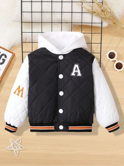 SHEIN Kids KDOMO Boys' Comfortable Casual Hooded Jacket With Letter Patchwork, Quilted, Diamond Grid, And Thicken Design