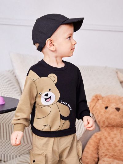SHEIN Infant Boys' Leisure Cute Bear Pattern Color Block Long Sleeve Round Neck Sweatshirt