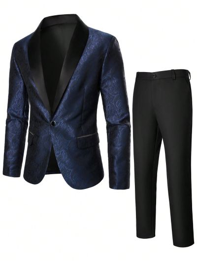Men's Jacquard Single-breasted Suit And Solid Color Pants Set