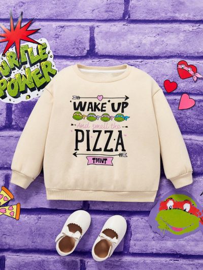 TEENAGE MUTANT NINJA TURTLES X SHEIN Young Girl Cartoon Print Slogan Round Neck Sweatshirt